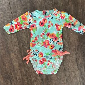 Ruffle Butts Floral Kids Swim One Piece - Aqua and Pink